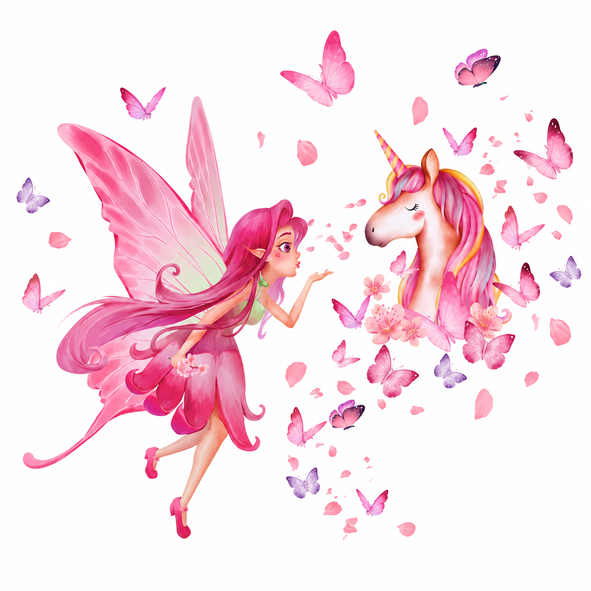 Stickers muraux licorne et fée rose pour chambre de fille – Monde enchanté