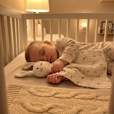 bébé dort confortablement dans son lit en serrant contre lui son Doudou lapin