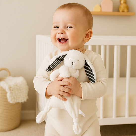un garçon avec un grand sourire tient dans ses bras un doudou lapin blanc