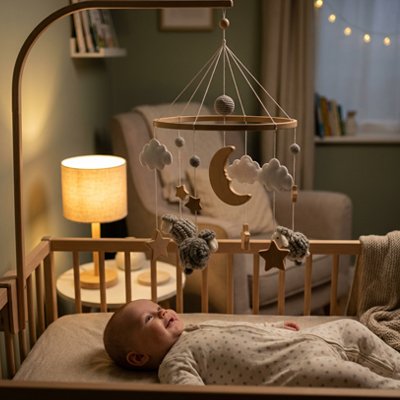 Mobile bébé mouton gris au dessus de bébé le soir pendant qu'il dort