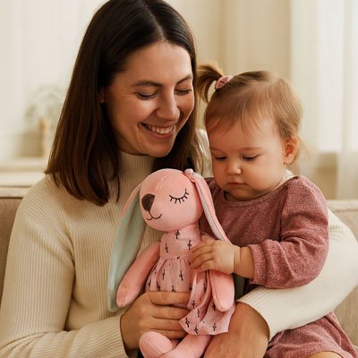 maman qui donne une peluche en lapin avec robe rose a sa fille