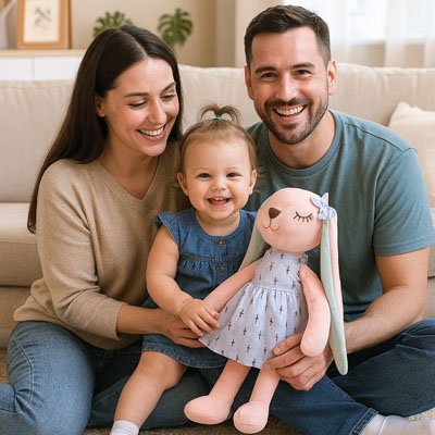 les parents d'une fille sont content de prendre une pause photo avec leurs fille qui tient sa peluche lapin