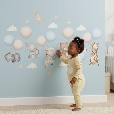 Stickers muraux animaux avec plein de couleur et bébé heureux