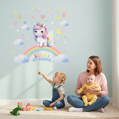 Stickers muraux enfant maman et bébé qui jouent ensemble dans la chambre licorne