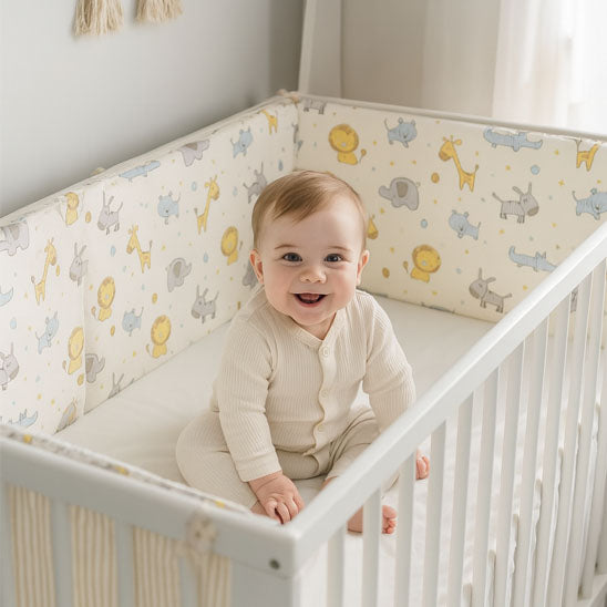 un lit avec le tour de lit bébé protège un bébé