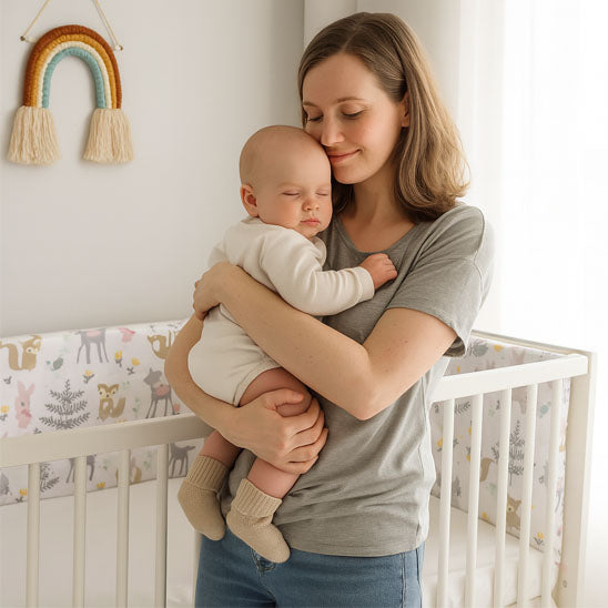une maman qui cajole son bébé avant de dormir sur son lit protégé par le tour de lit bébé