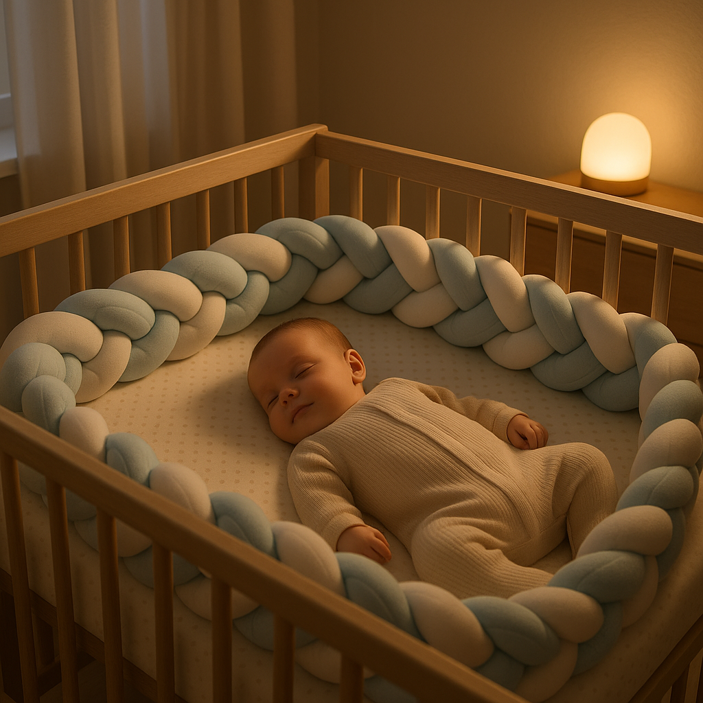 un bébé qui dort paisibement dans sont lit protégé par la tresse de lit bleu blanc