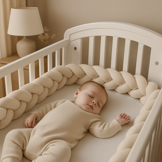 un bébé qui dort paisiblement dans son lit entouré de la tresse de lit bebe beige
