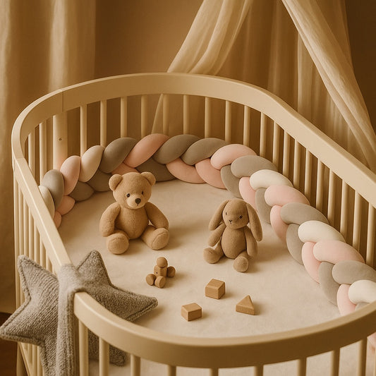 une tresse de lit est présentée de couleure rose gris plaée dans le lit avec des peluches