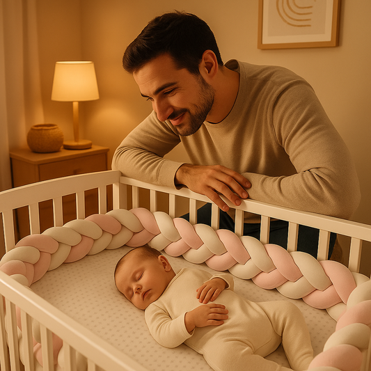 un papa qui regarde son bébé qui dort protégé par le tour de lit tressé