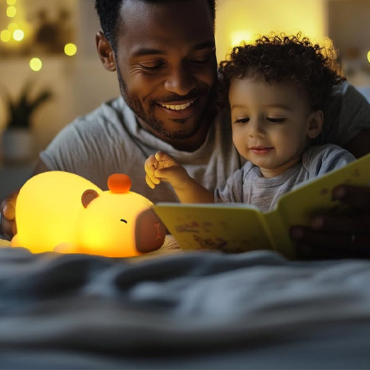 veilleuse bébé capybara papa qui lit un livre a son enfant sous une lumière douce