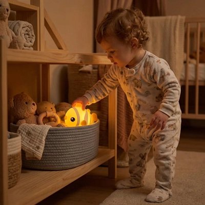 Veilleuse bébé poisson qvec bébé qui joue tout heureux