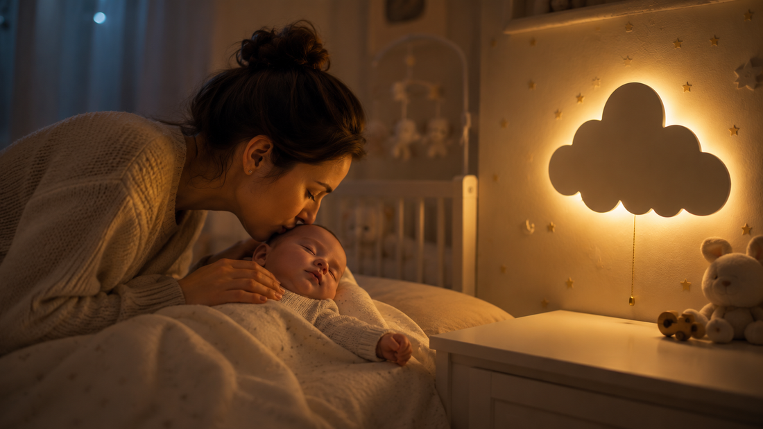 maman enbrasse son bébé avant de dormir le soir sous la lumiere de la veilleuse bébé