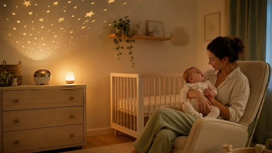 Maman et bébé comparant un projecteur au plafond et une veilleuse classique