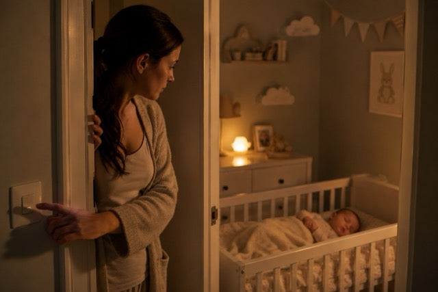 maman qui surveille bébé avant de dormir sous la lumière de la veilleuse bébé