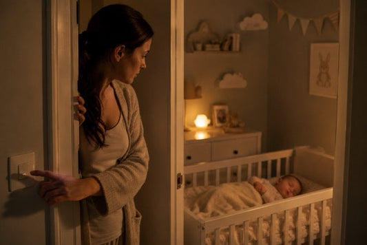 maman qui surveille bébé avant de dormir sous la lumière de la veilleuse bébé
