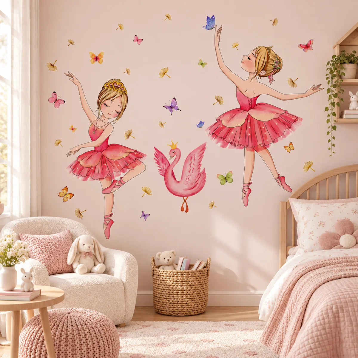 Stickers muraux ballerines roses et cygne dans une chambre d’enfant