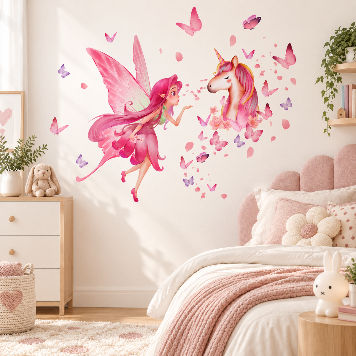 Stickers muraux licorne et fée rose pour chambre de fille – Monde enchanté