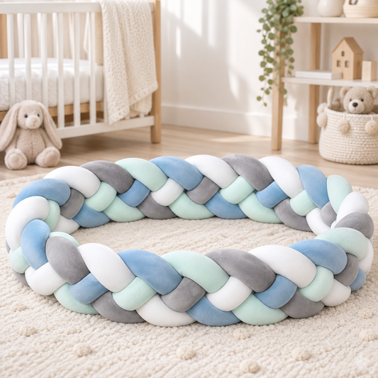 Tresse de lit 4 brins gris, vert menthe et bleu ciel 2,2 m – Douceur