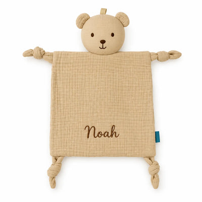 Doudou ours beige avec le prénom Noah brodé et quatre coins noués