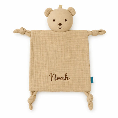 Doudou ours beige avec le prénom Noah brodé et quatre coins noués