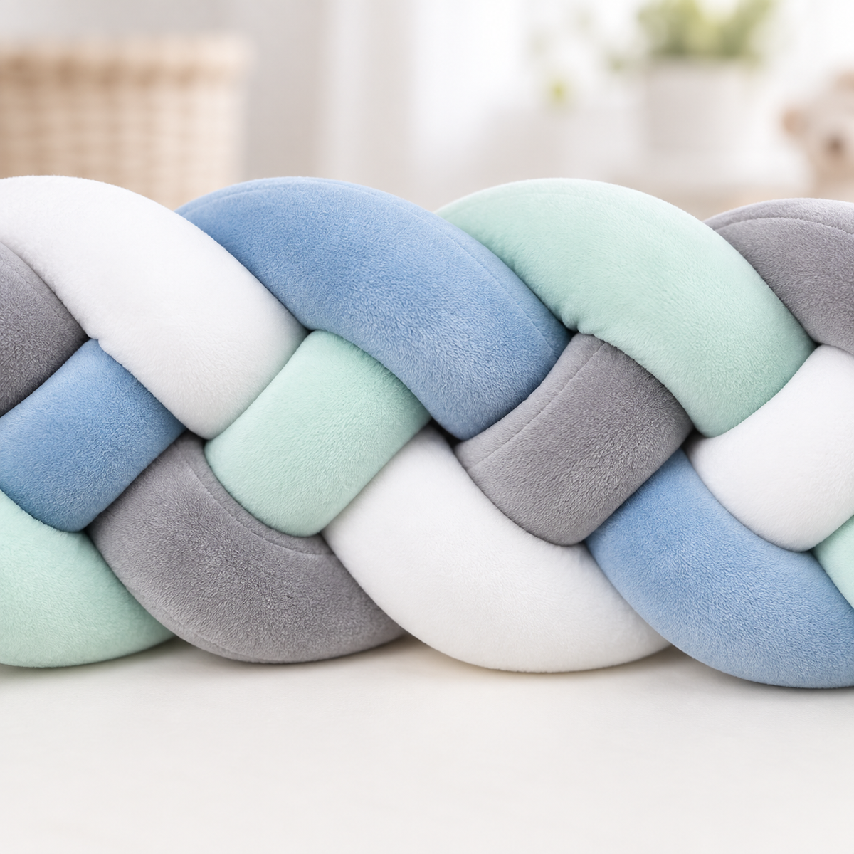 Tresse de lit 4 brins gris, vert menthe et bleu ciel 2,2 m – Douceur