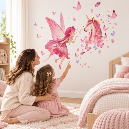 Stickers muraux licorne et fée rose pour chambre de fille – Monde enchanté