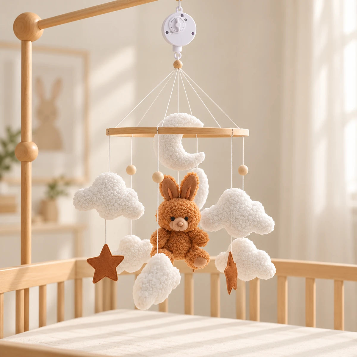 Détail du lapin brun aux longues oreilles, des nuages blancs, de la lune et des étoiles du mobile Lapinou.