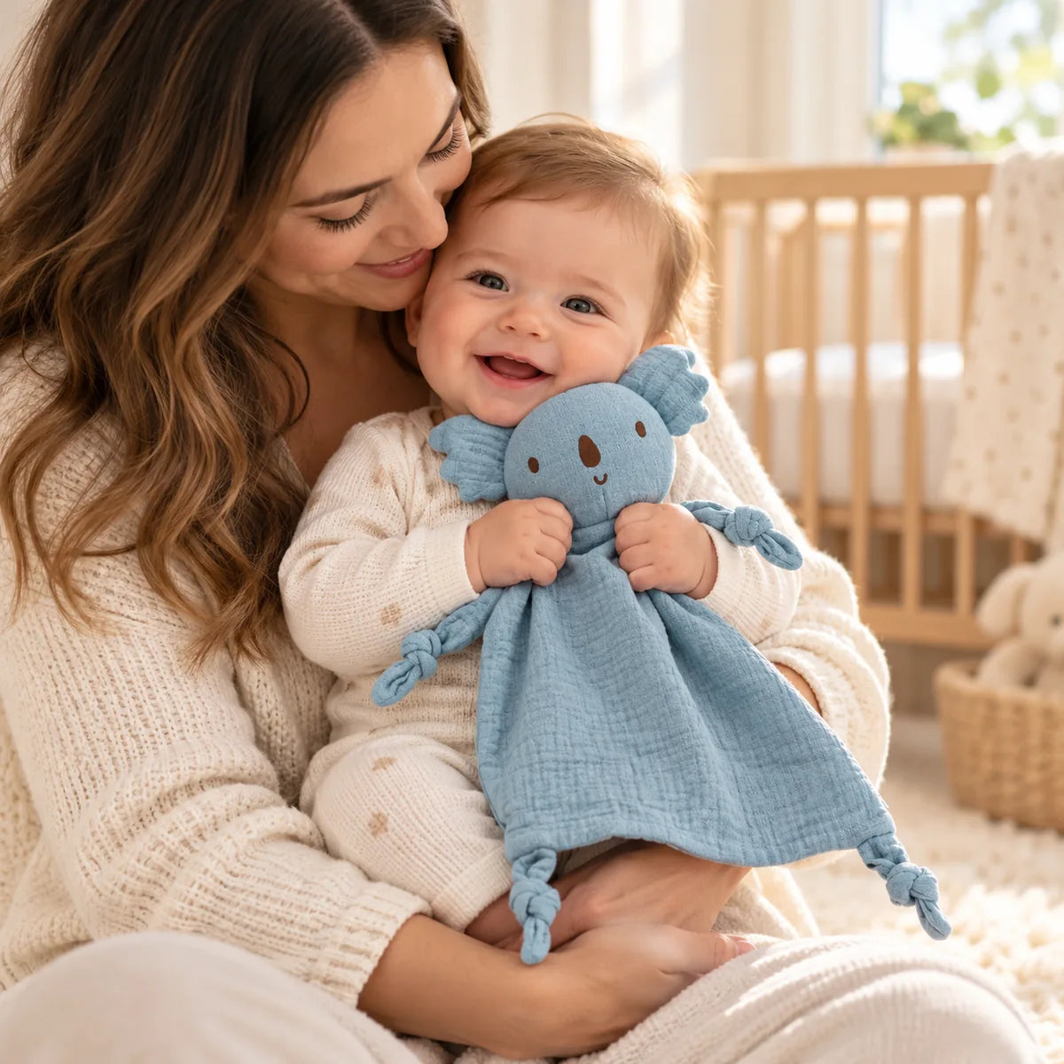 Maman et bébé avec un doudou koala bleu personnalisé