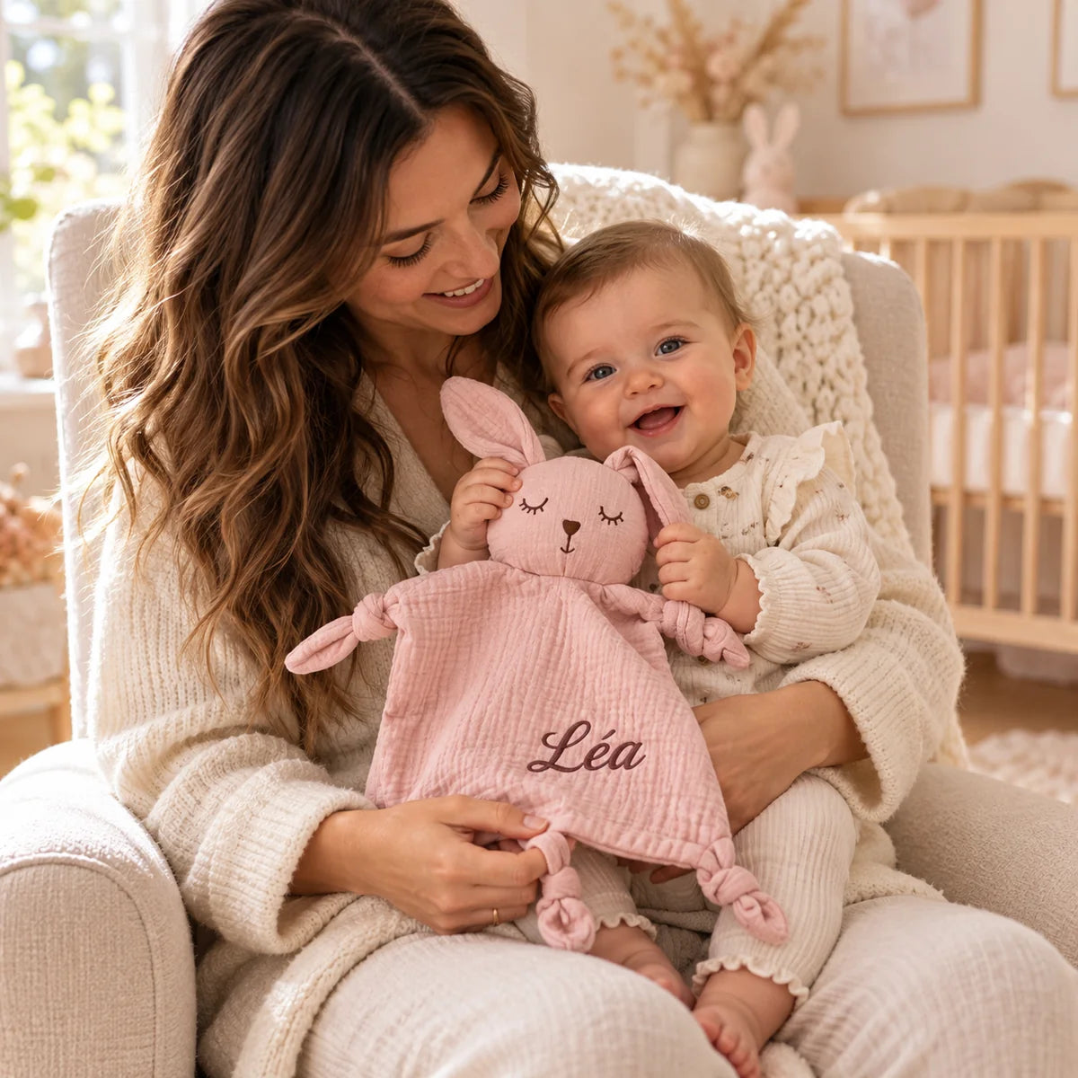 Maman et bébé avec un doudou lapin rose personnalisé