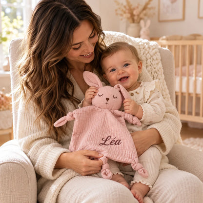 Maman et bébé avec un doudou lapin rose personnalisé