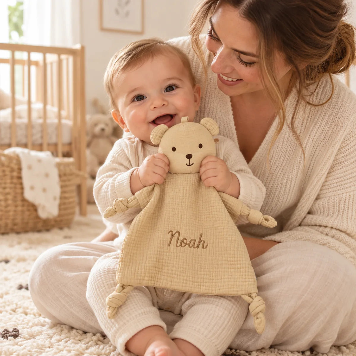 Bébé éveillé dans les bras de sa maman avec son doudou ours beige personnalisé
