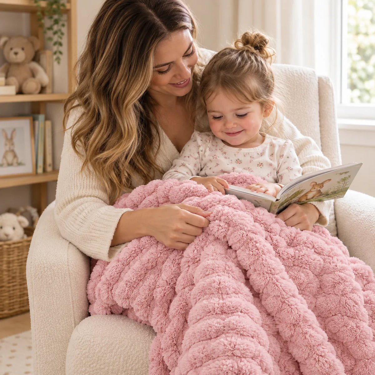 Maman et bébé partageant un moment tendre avec la couverture Nuage rose