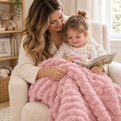 Maman et bébé partageant un moment tendre avec la couverture Nuage rose
