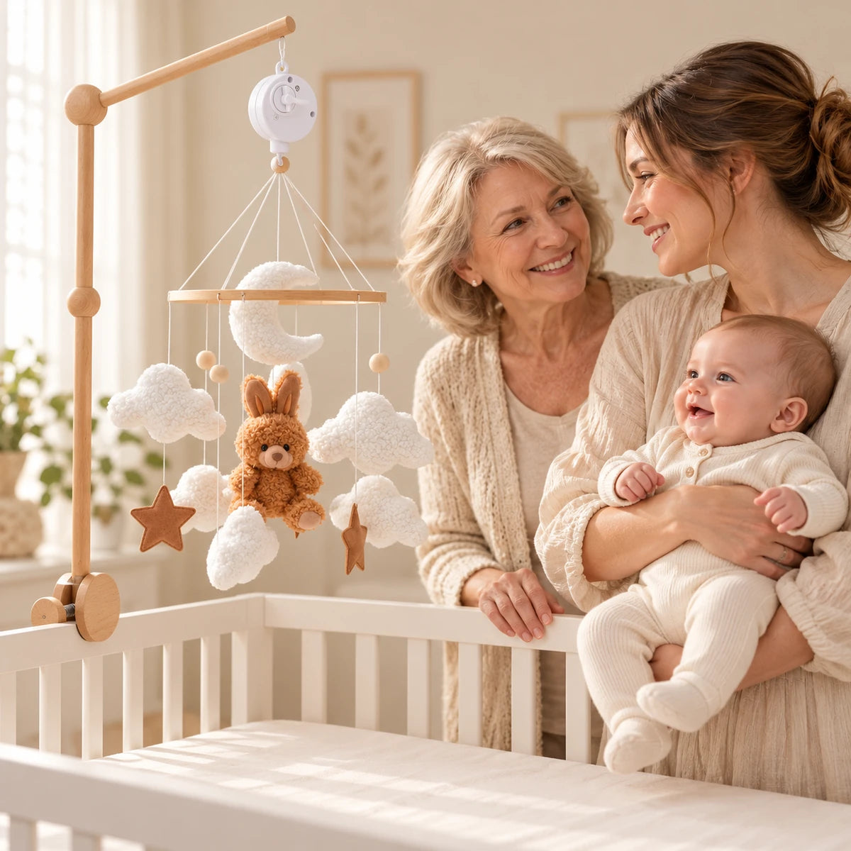Grand-mère et maman tenant son bébé éveillé près d’un lit vide avec le mobile Les Nuages de Lapinou.