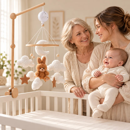 Grand-mère et maman tenant son bébé éveillé près d’un lit vide avec le mobile Les Nuages de Lapinou.