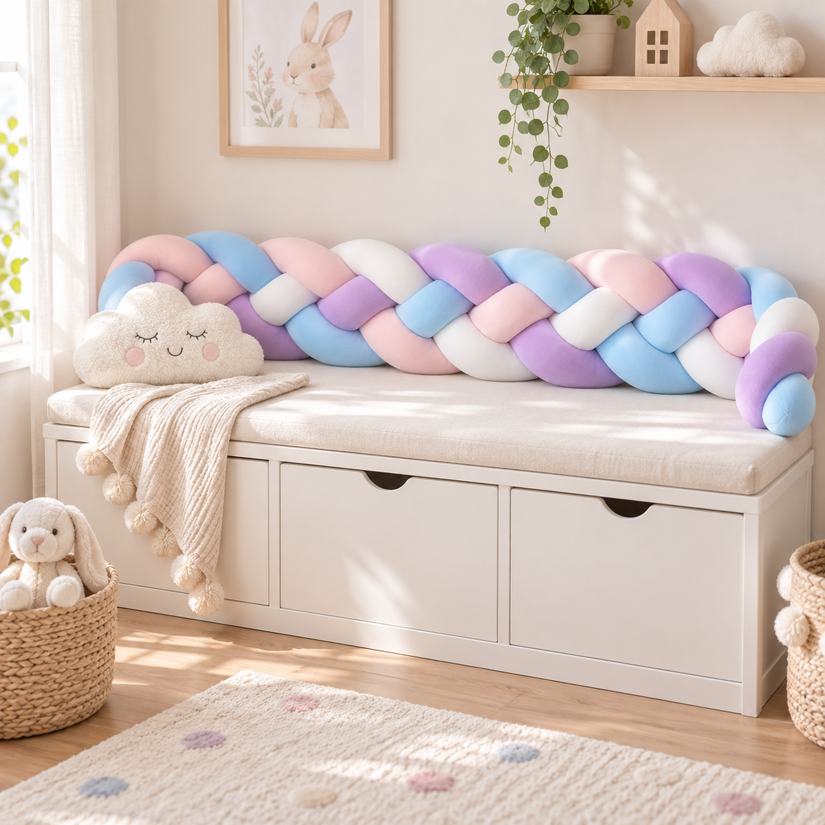 Tresse de lit 4 brins rose, violet et bleu ciel 2,2 m – Pastel