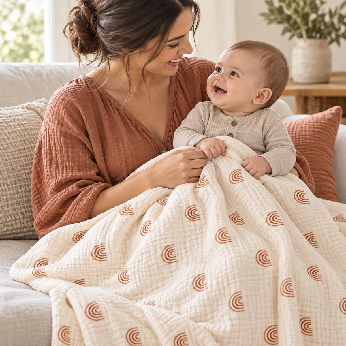 Maman souriant à son bébé éveillé avec la couverture à arcs-en-ciel déployée sur leurs genoux.