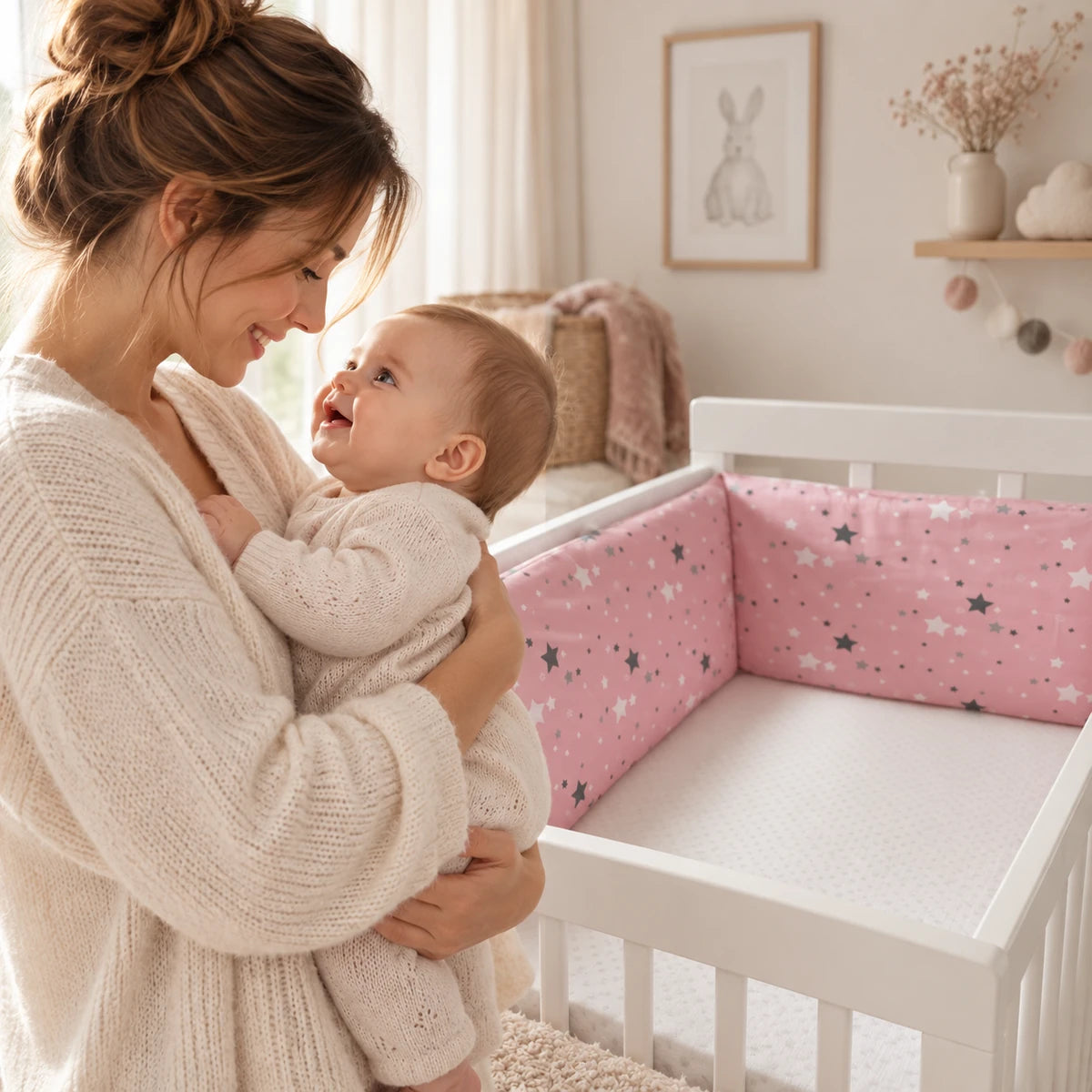 Maman tenant son bébé éveillé près d’un lit vide décoré du tour de lit Constellation Rose.