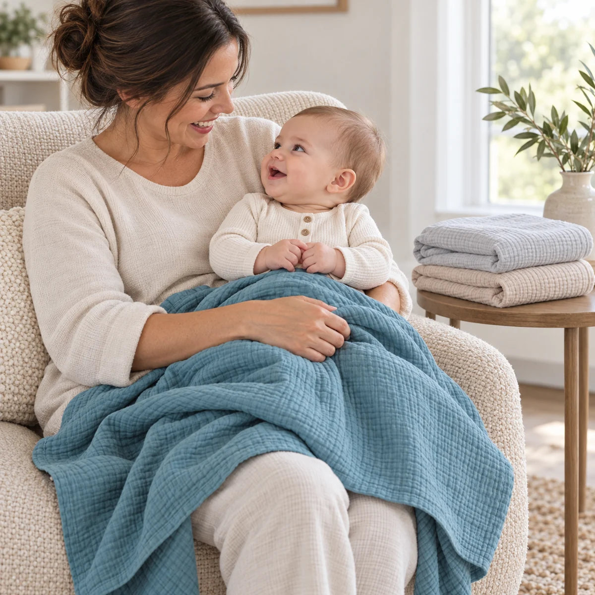 Maman échangeant un regard avec son bébé éveillé, la couverture bleue du Trio Rivage posée sur leurs jambes.