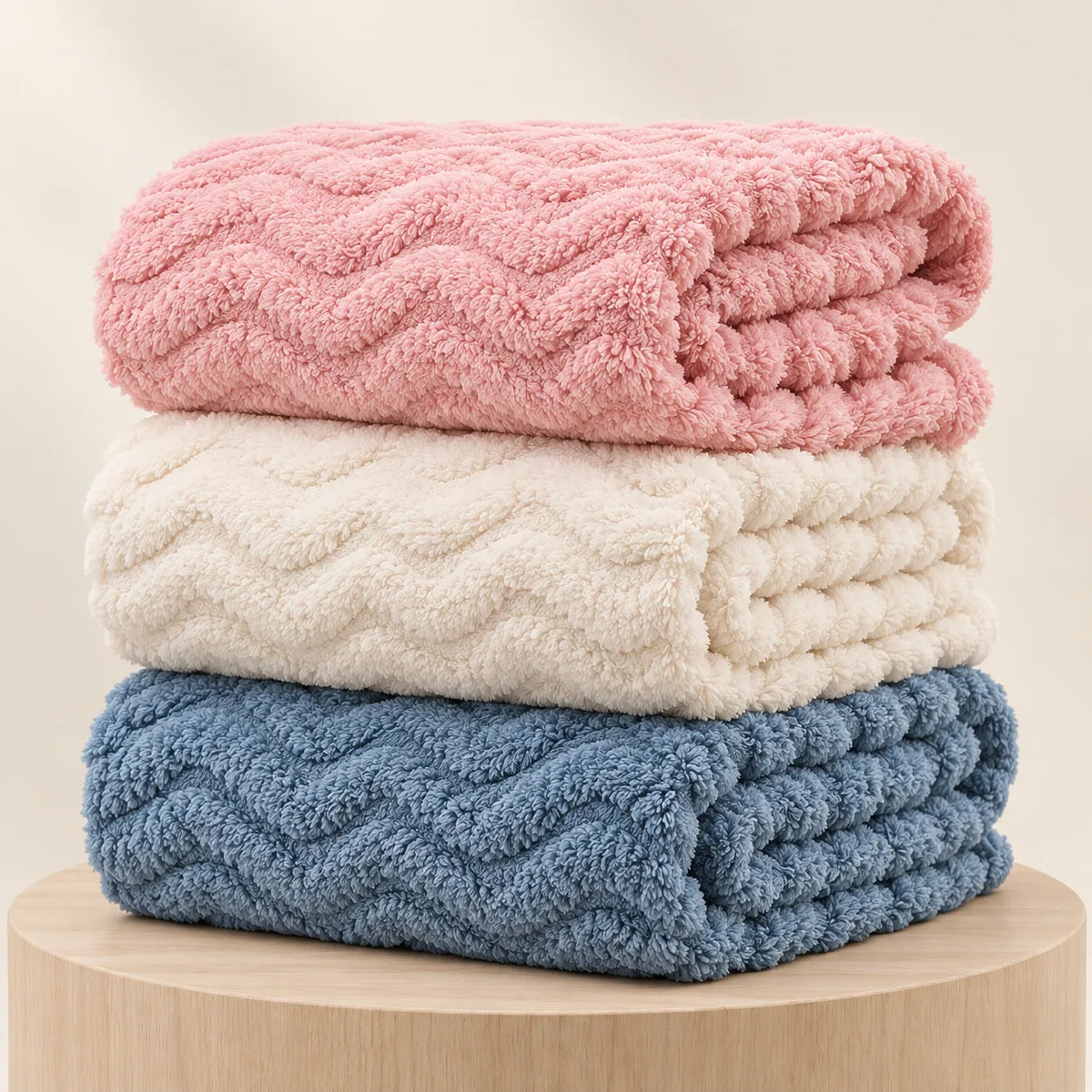 Couvertures bébé Nuage empilées dans les coloris rose, crème et bleu