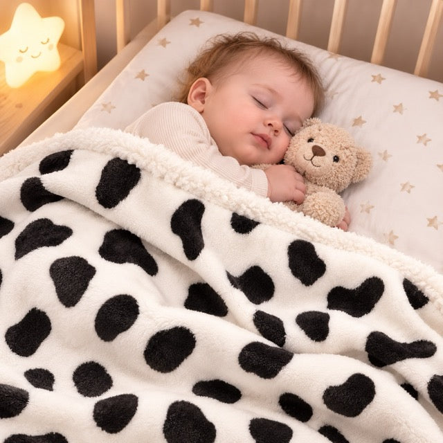 bébé dort avec son doudou sous la couverture bebe motif vache