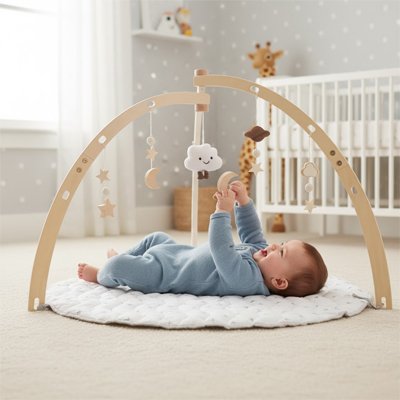bébé dans sa chambre qui joue sous l'arche d'éveil bébé support en bois rond