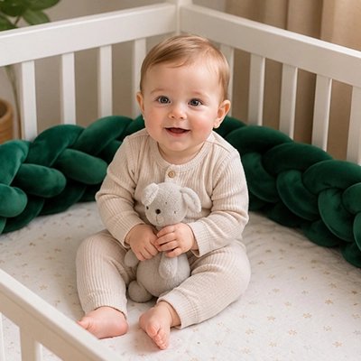 Bébé content dans son lit proteger par une Tresse de lit verte