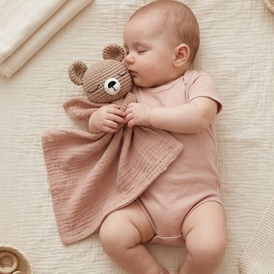 bébé dans son lit avec Doudou bebe couleur brique