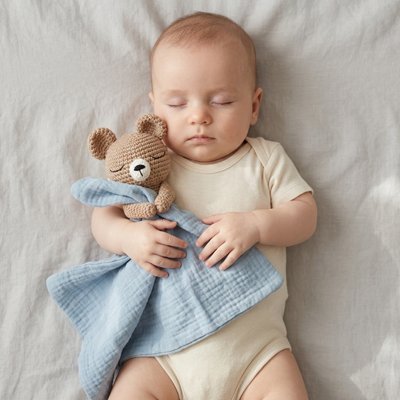 bébé dort confortablement avec son Doudou bebe couleur bleu