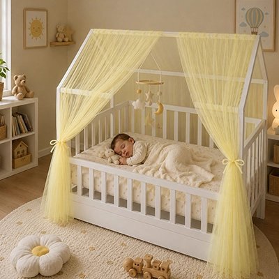 bébé dort dans son lit sous le Ciel de lit enfant jaune