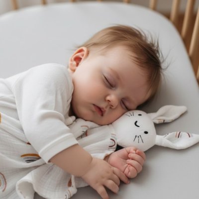 Bébé dort en securité avec lui le doudou lapin motif arc en ciel 