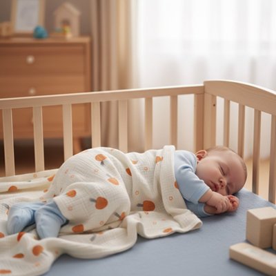 bébé dort paisiblement dans son lit avec sa Couverture bébé motif coeur 