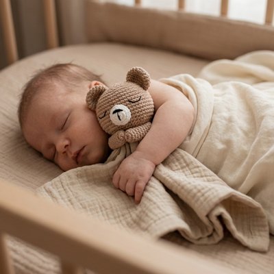 Bébé dort paisiblement dans son lit avec son Doudou bebe forme ours